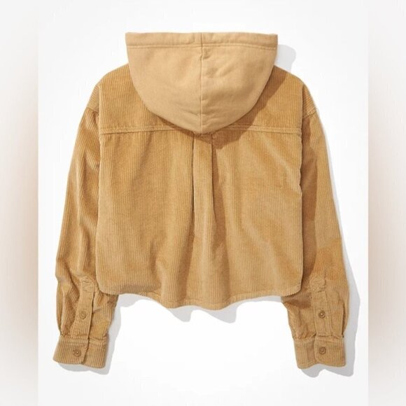 American Eagle AE Hooded Cropped Corduroy Button-Up Shirt Shacket Tan new NWT S - Picture 4 of 15